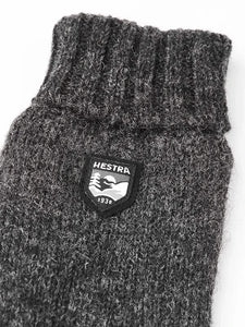 Close-up of Hestra Basic Wool Gloves in charcoal — rib-knit cuff and Shetland wool texture, photographed at The Simple Man Omaha