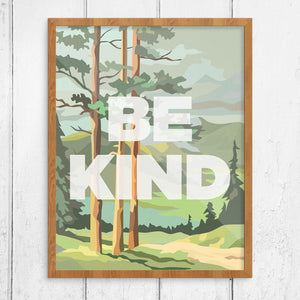 Framed paint-by-number style forest scene print with BE KIND in white lettering, 11x14, The Simple Man