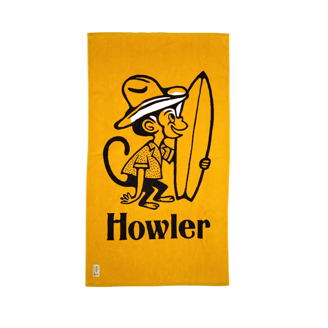 Howler Bros El Mono beach towel flat lay dijon yellow – surfing monkey graphic 100% cotton oversized 34x60 inch beach towel Howler Paradise label