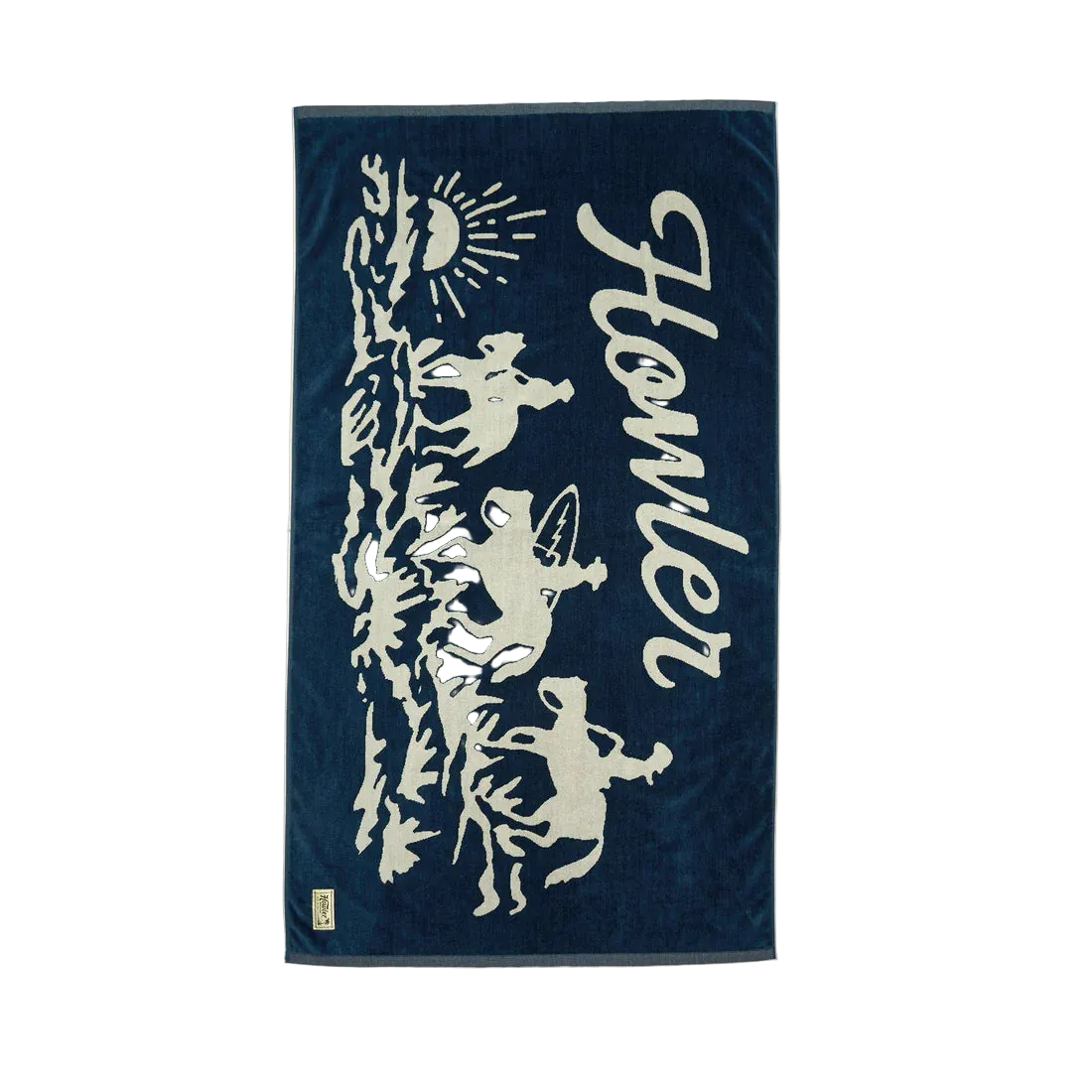 Howler Bros Posse Beach Towel flat lay midnight navy – 100% cotton 34x60 inch oversized beach towel cowboy surfer sun graphic Howler Paradise label