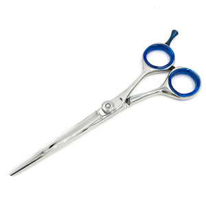 Professional stainless steel beard and mustache scissors with blue comfort grips displayed on white background.