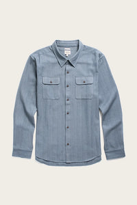 Flat lay of the Bedford organic cotton button-up workshirt in denim herringbone.