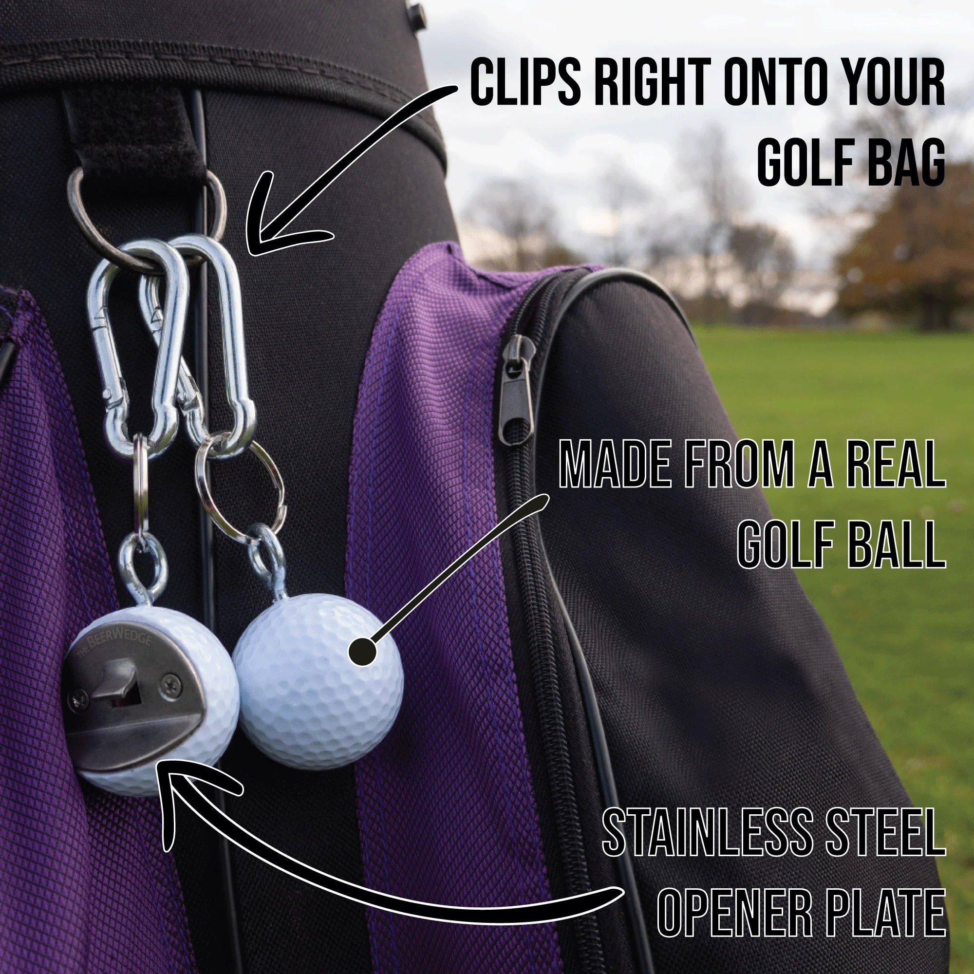 Golf Ball Bottle opener, with carabiner clip. shown clipped to a golf bag