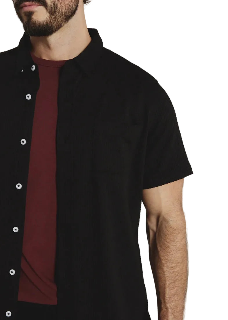Bennet black seersucker shirt collar and button detail – cotton nylon stretch blend – The Simple Man Store
