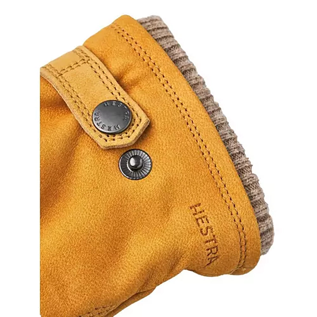 Close-up of tan nubuck goatskin leather glove with wool cuff and press stud strap – Bergvik men’s glove from The Simple Man Omaha