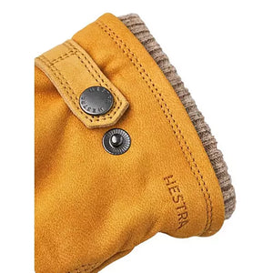 Close-up of tan nubuck goatskin leather glove with wool cuff and press stud strap – Bergvik men’s glove from The Simple Man Omaha