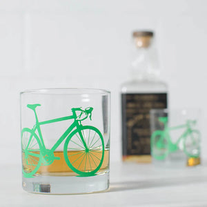 Bicycle rocks glass in green with road bike graphic – screen printed cyclist whiskey glass – The Simple Man