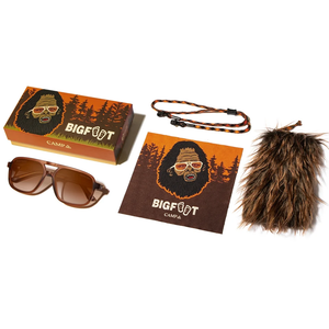 Glacier Sunglasses Bigfoot Edition with box, furry travel pouch, cleaning cloth, and paracord retainer