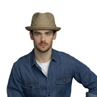 Bailey Billy Trilby Hat Natural – front view on model wearing men's summer woven Toyo braid fedora with teardrop crown
