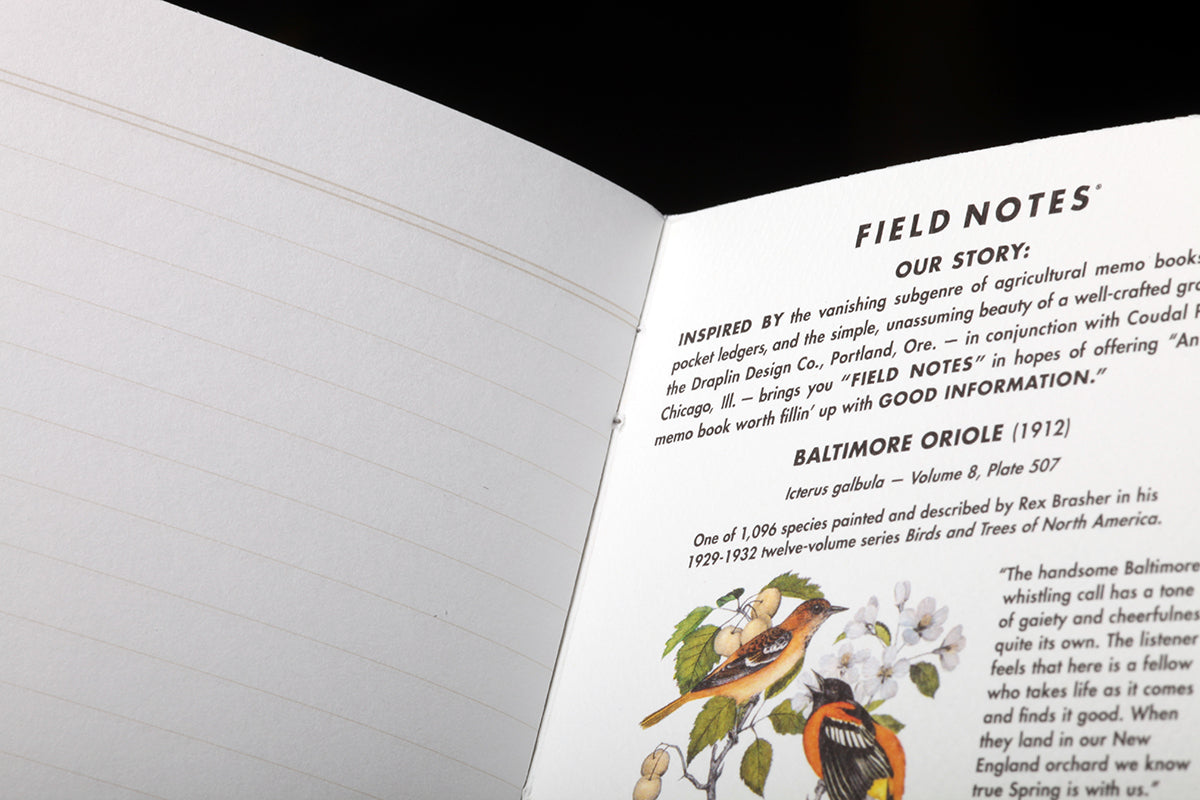 FIELD NOTES Birds & Trees of North America series of notebooks.  3 sets of 3 different bird covers.  inside cover shown