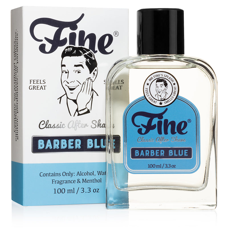 Fine Accoutrements Blue Barber Aftershave in the packaging