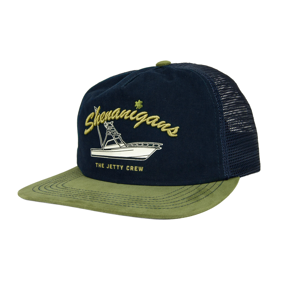 Navy trucker hat with olive green bill and embroidered Shenanigans boat graphic, Boat Crew Hat front angled view - The Simple Man