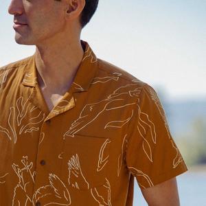 Bridge & Burn Bodie Shirt Shoreflight amber close-up of camp collar and coastal bird line art print — men's organic cotton camp collar shirt