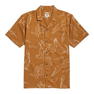 Bridge and Burn Bodie Shirt Shoreflight amber flat lay white background — 100% organic cotton relaxed fit camp collar men's summer shirt