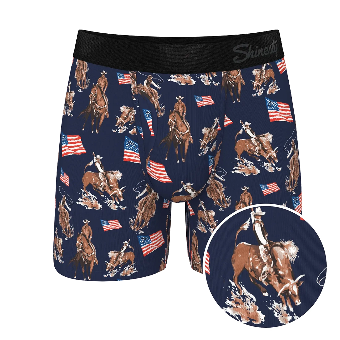 Men’s Ball Hammock pouch underwear with cowboy and American flag print front view