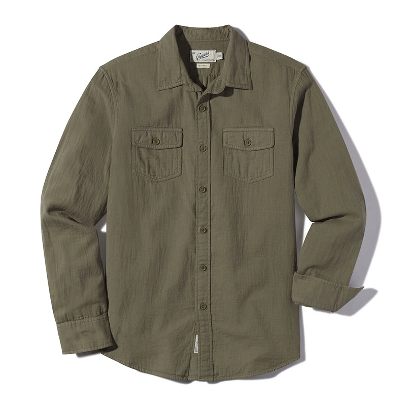 Grayers Brando lightweight double cloth shirt in olive, Flat lay view
