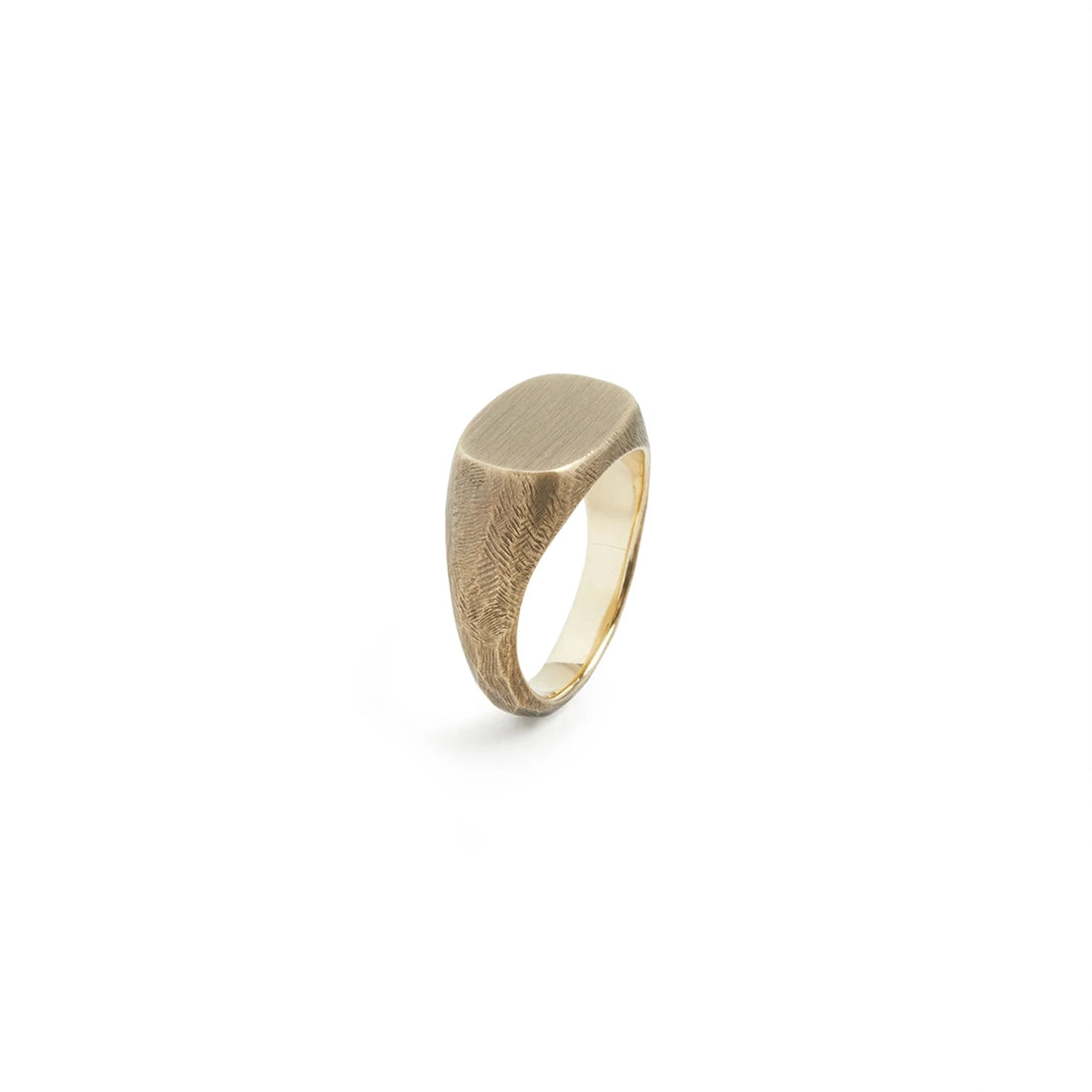 Angled view of solid brass signet ring with brushed face and detailed hand-filed sides – men’s handcrafted jewelry from The Simple Man