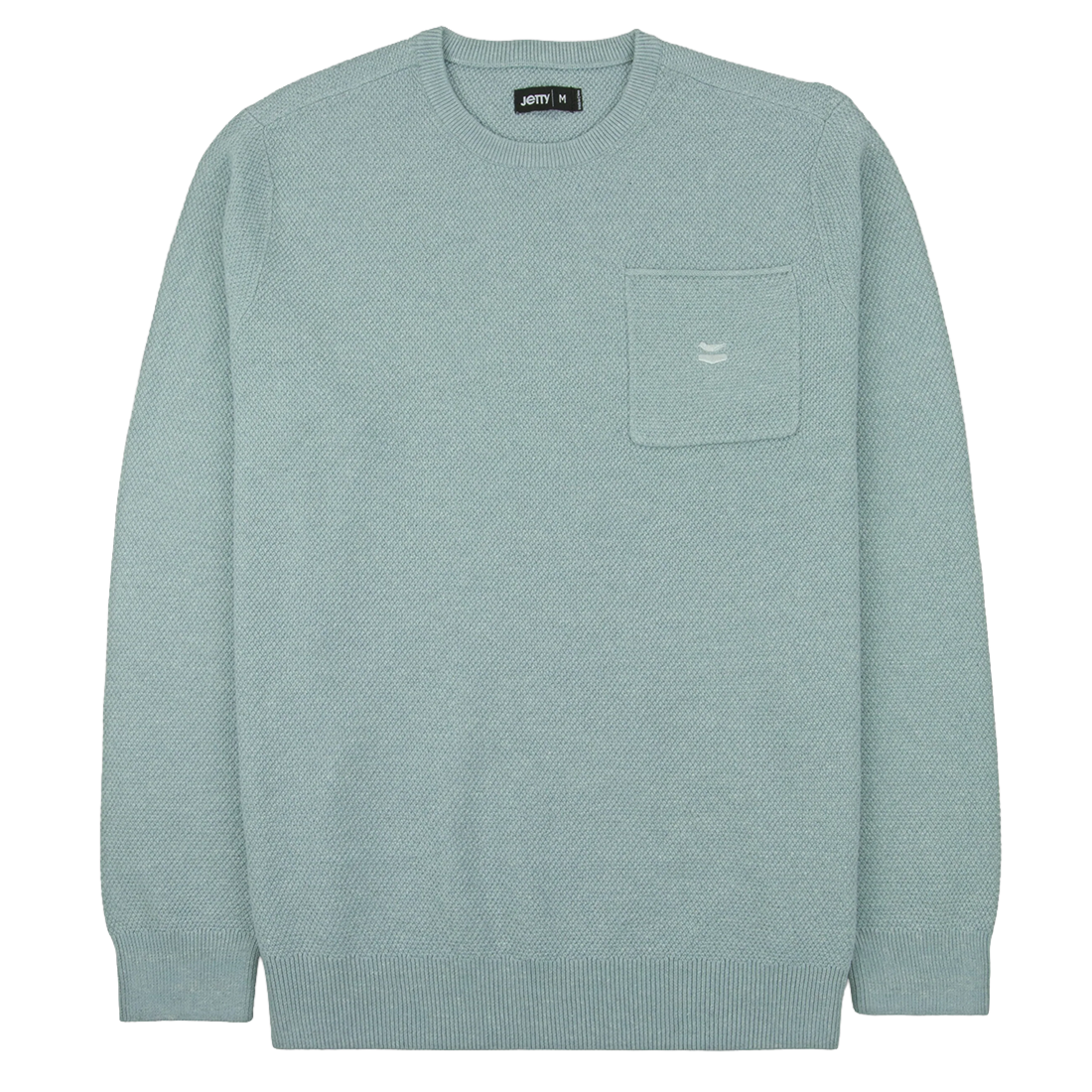 Light grey waffle knit cotton sweater with chest pocket and wave embroidery, Brine Sweater front flat lay - The Simple Man