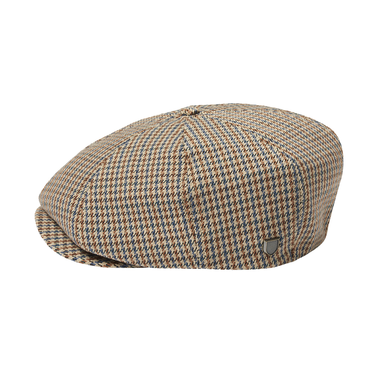 Side angle of Brixton Brood Snap Cap in sand and light blue houndstooth with metal B-shield logo