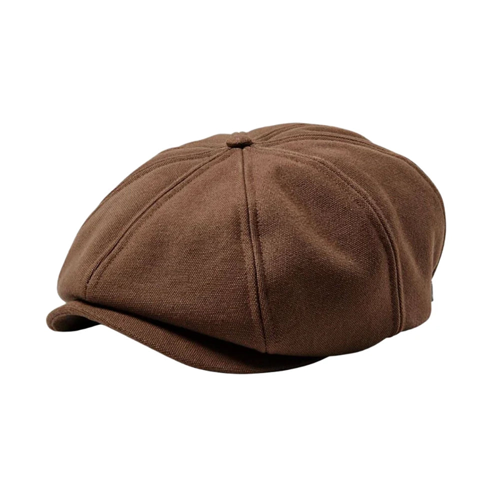 Brixton Brood Sherpa Snap Cap in Pinecone Brown, cotton canvas newsboy-style hat shown from a front angled view