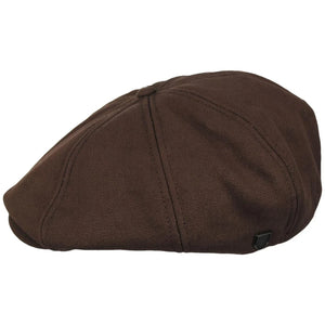 Side profile of the Brixton Brood Sherpa Snap Cap in Pinecone Brown with canvas exterior and subtle Brixton crest detail.