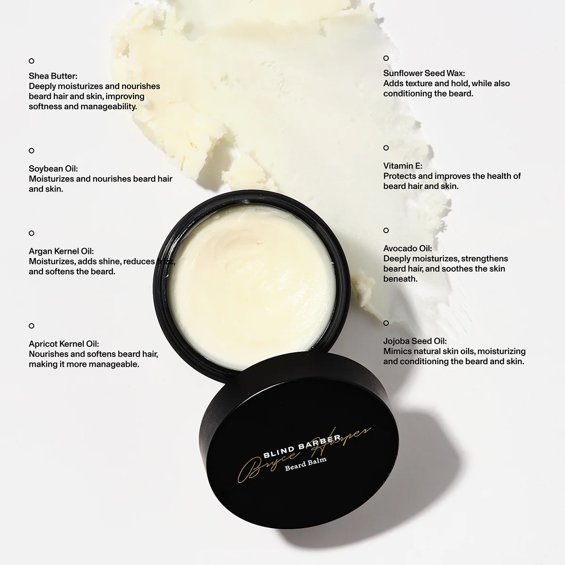 Open jar of Bryce Harper Beard Balm beside its lid, with callouts for shea butter, argan, avocado and jojoba oils