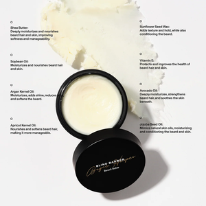 Open jar of Bryce Harper Beard Balm beside its lid, with callouts for shea butter, argan, avocado and jojoba oils