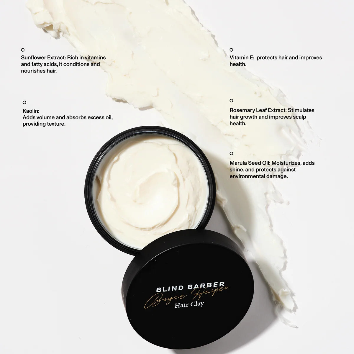 Blind Barber Bryce Harper Hair Clay open jar showing cream texture with kaolin and marula seed oil, The Simple Man
