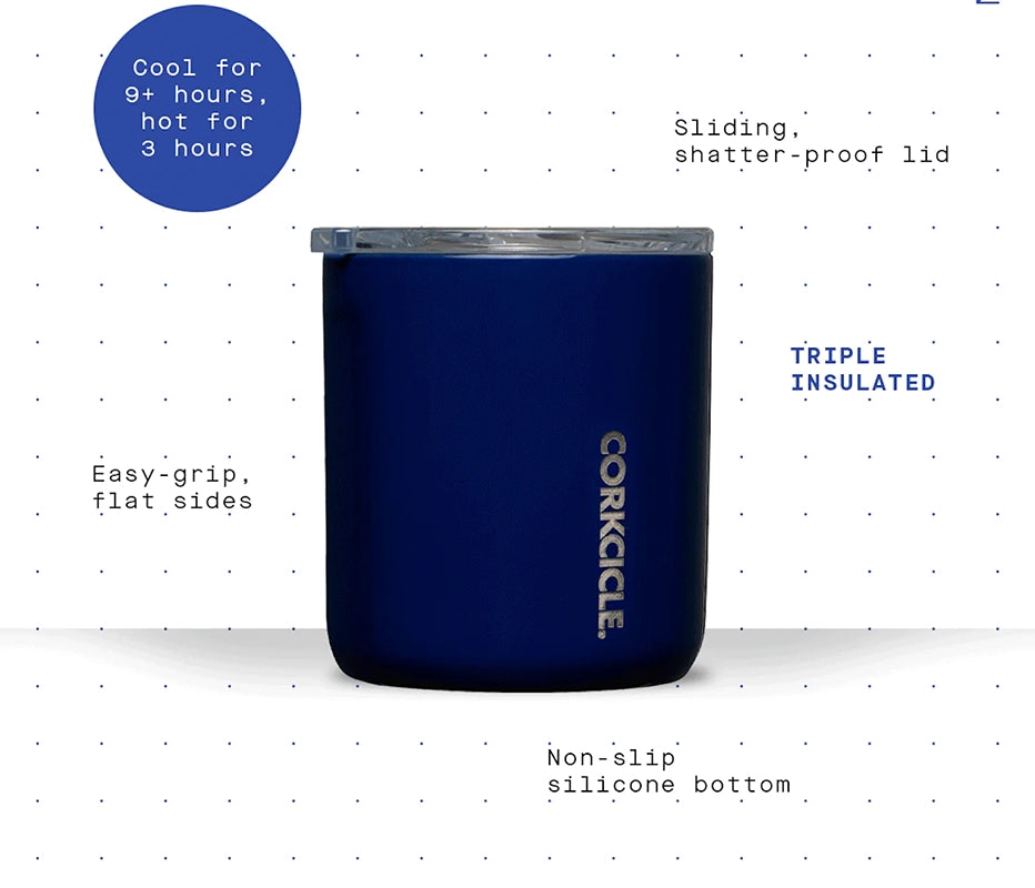 Corkcicle  buzz cup 12oz tumbler info graphic showing cup features