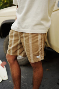 Cedar Local Short Light Brown lifestyle – men's cotton crepe printed stripe short – The Simple Man