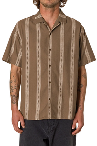 Cedar camp collar shirt front detail – light brown printed stripe relaxed fit – The Simple Man