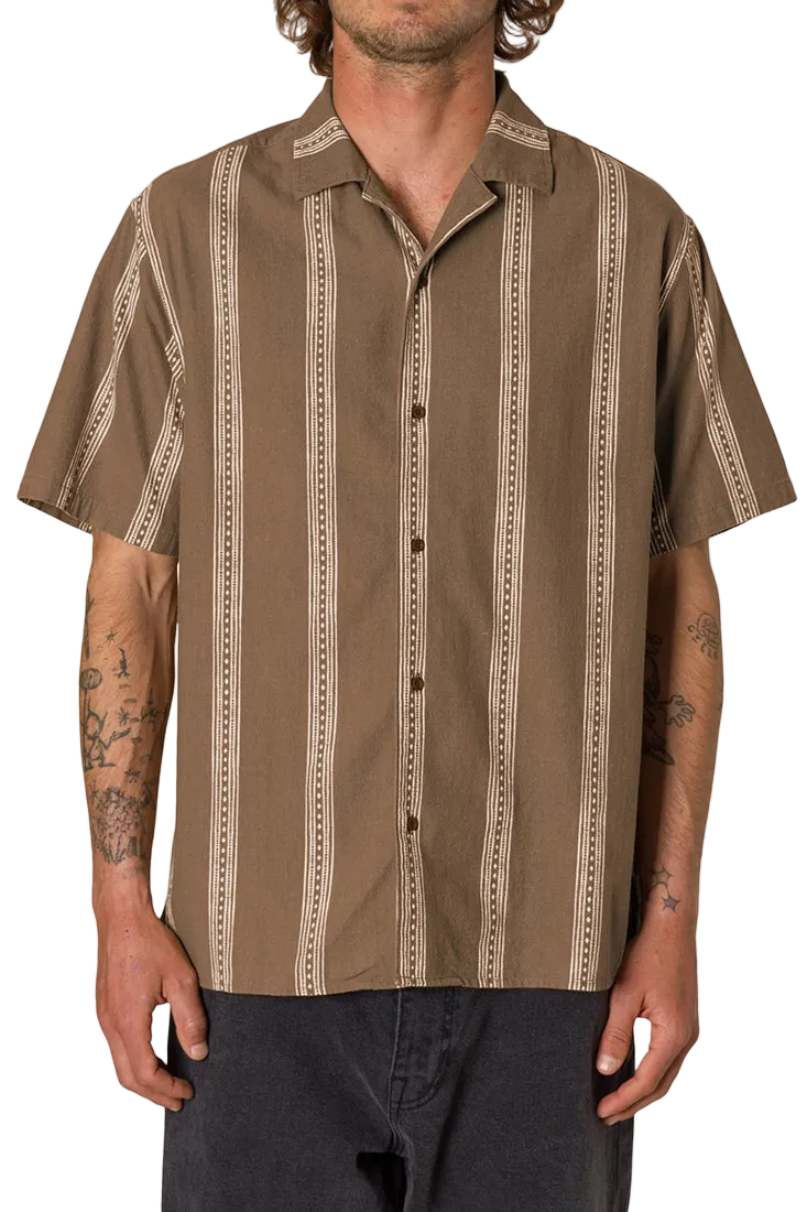 Cedar camp collar shirt front detail – light brown printed stripe relaxed fit – The Simple Man