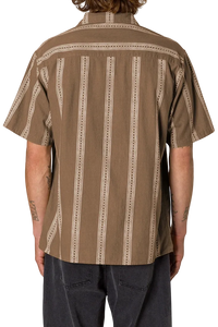 Cedar short sleeve camp collar shirt light brown back view – printed stripe cotton crepe – The Simple Man