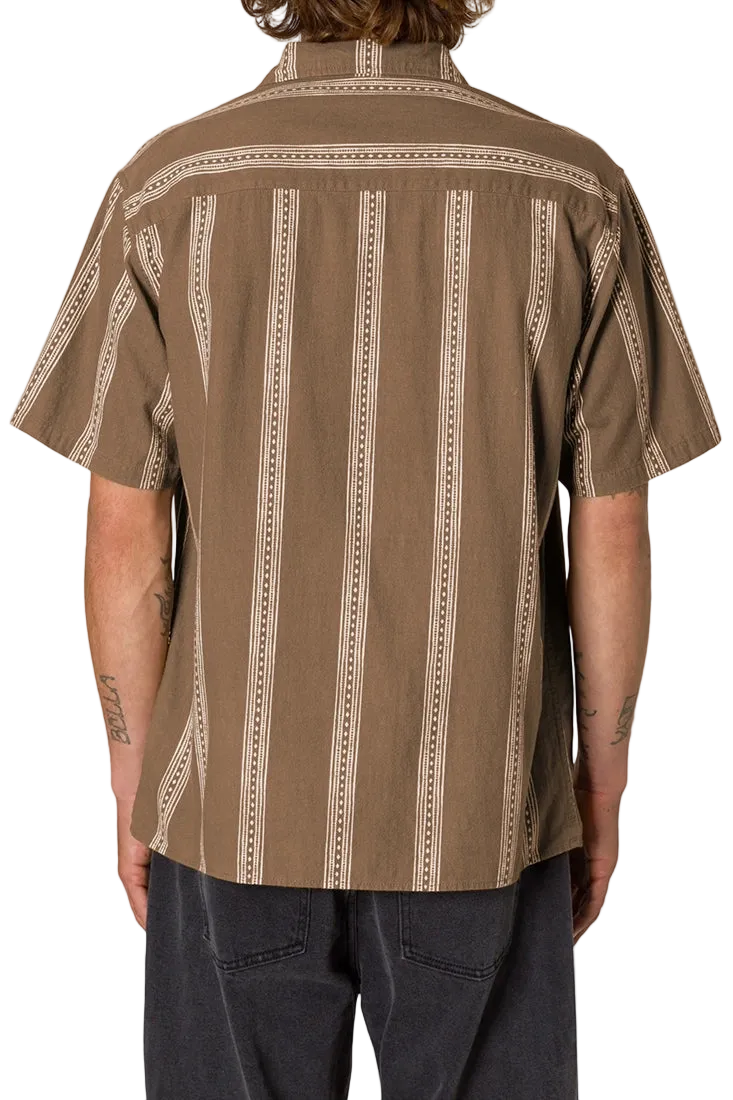 Cedar short sleeve camp collar shirt light brown back view – printed stripe cotton crepe – The Simple Man