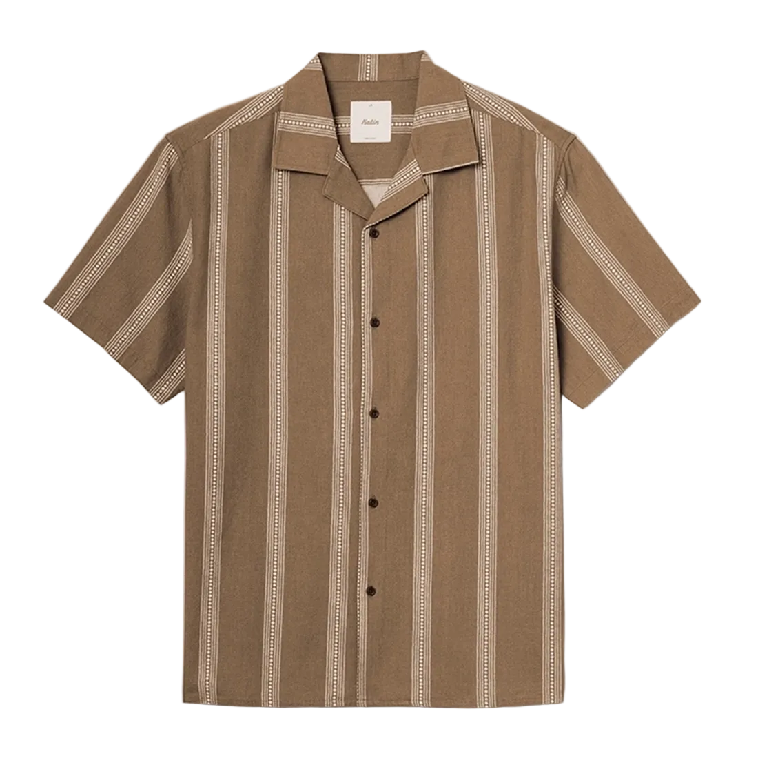 Cedar short sleeve camp collar shirt flat lay – light brown stripe 100% cotton crepe – The Simple Man