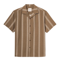 Cedar short sleeve camp collar shirt flat lay – light brown stripe 100% cotton crepe – The Simple Man