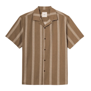 Cedar short sleeve camp collar shirt flat lay – light brown stripe 100% cotton crepe – The Simple Man