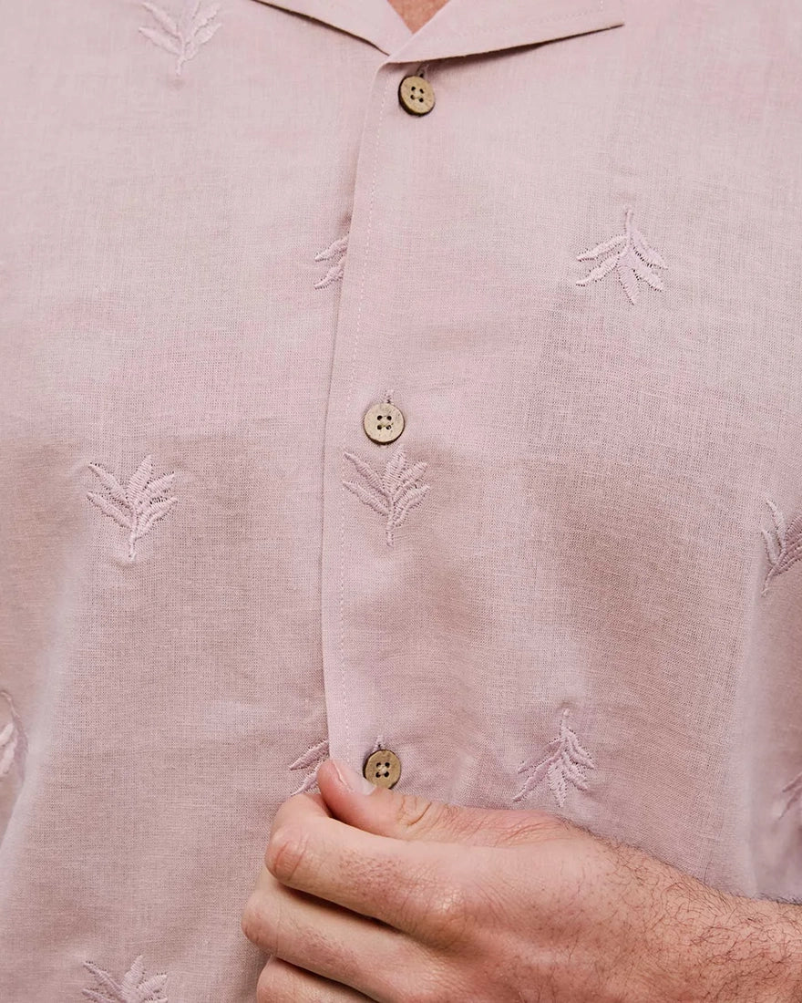 Flag & Anthem Chandler Camp Collar Shirt detail – close-up of tonal leaf embroidery and natural buttons on men's 100% cotton camp collar shirt
