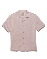 Flag & Anthem Chandler Camp Collar Shirt flat lay – men's pink embroidered cotton short sleeve button down with camp collar and tonal leaf pattern