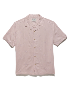 Flag & Anthem Chandler Camp Collar Shirt flat lay – men's pink embroidered cotton short sleeve button down with camp collar and tonal leaf pattern