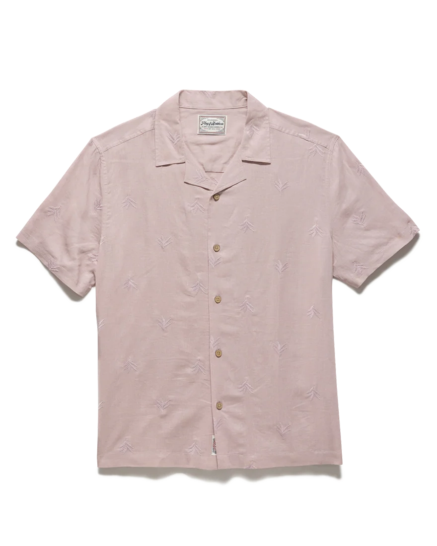 Flag & Anthem Chandler Camp Collar Shirt flat lay – men's pink embroidered cotton short sleeve button down with camp collar and tonal leaf pattern
