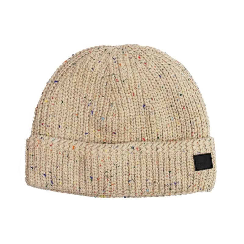 Beige Donegal cable knit beanie with flecked yarn and a fleece lining on a white background - The Simple Man