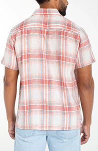 Men's coral multi cotton linen plaid button down – back view showing relaxed fit and yarn-dyed plaid construction