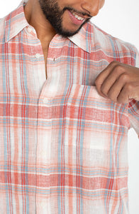 Men's cotton linen plaid shirt Coral Multi – close-up of stand collar, chest pocket, and yarn-dyed plaid fabric detail