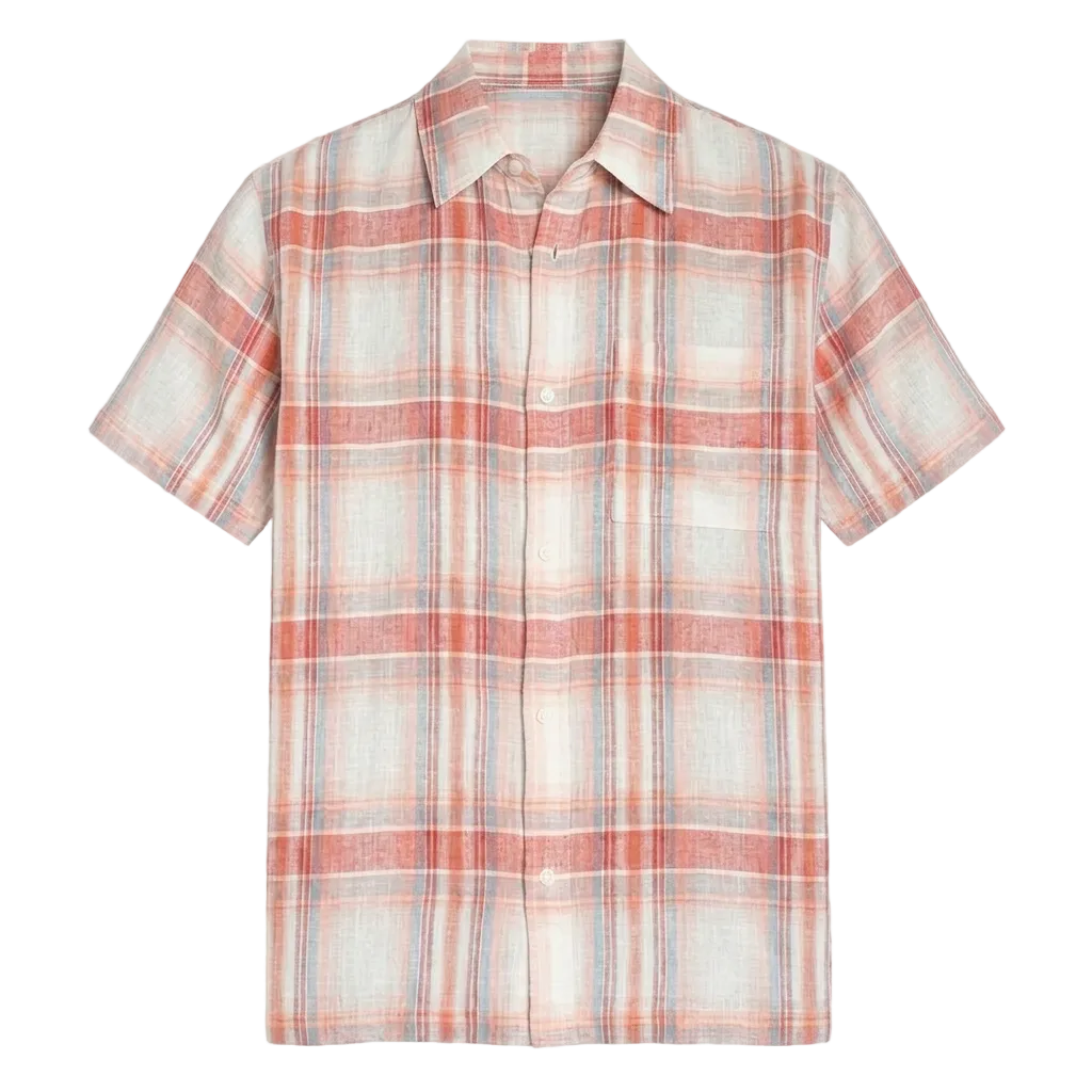 flat lay image of this coral multi color plaid shirt