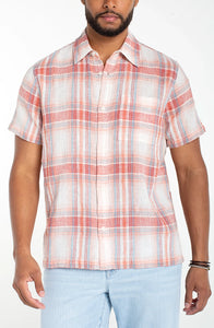 Men's cotton linen plaid short sleeve shirt Coral Multi – front view showing button front, chest pocket, and relaxed modern fit