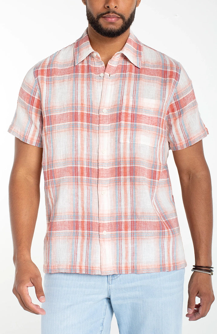 Men's cotton linen plaid short sleeve shirt Coral Multi – front view showing button front, chest pocket, and relaxed modern fit