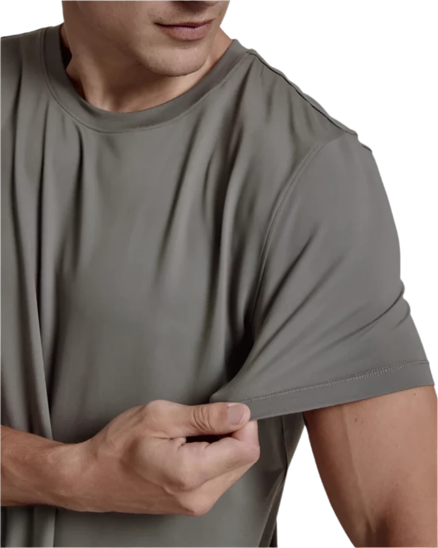 Model wearing 7 Diamonds Core crew-neck t-shirt in steel gray, close up detail view