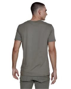 Model wearing 7 Diamonds Core crew-neck t-shirt in steel gray, rear view