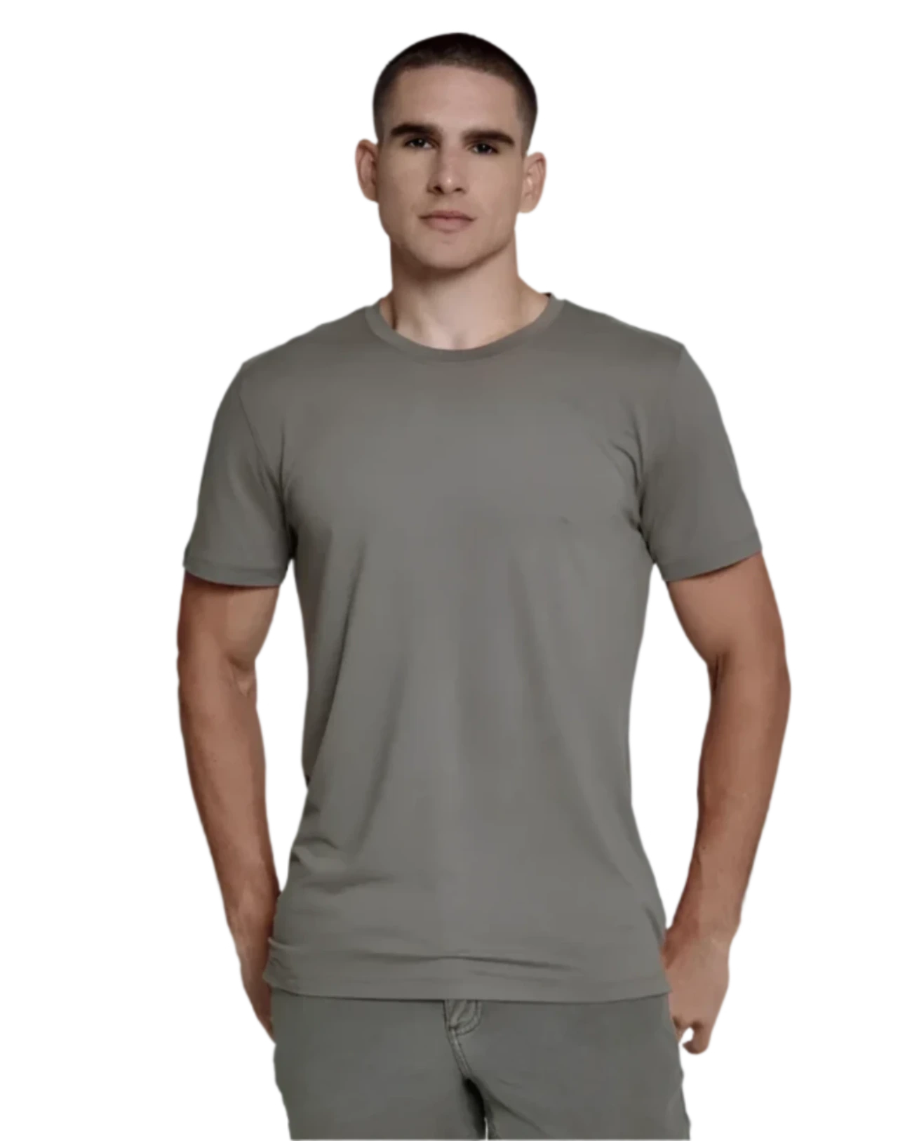 Model wearing 7 Diamonds Core crew-neck t-shirt in steel gray, front view